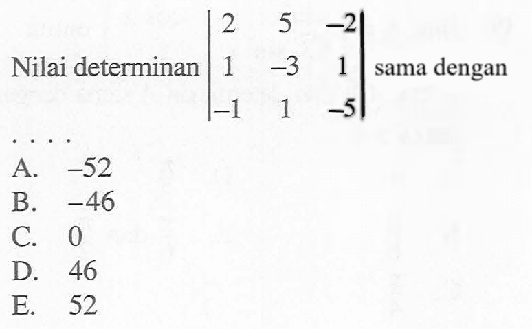 Nilai determinan |2 5 -2 1 -3 1 -1 1 -5| dengan