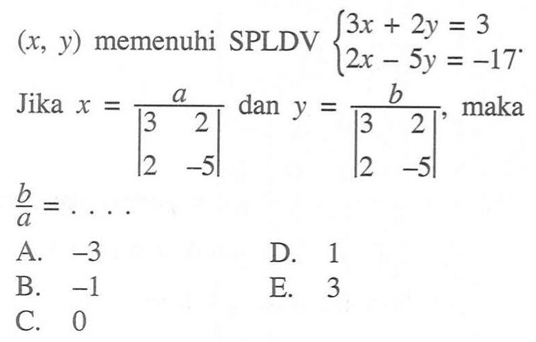 (x, y) memenuhi SPLDV 3x+2y=3 2x-5y=-17 Jika x=a/|3 2 2 -5| dan y = b/|3 2 2 -5| maka b/a =