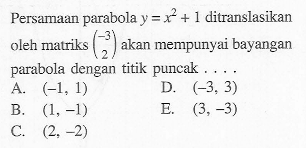 Persamaan parabola y=x^2+1 ditranslasikan oleh matriks (-3 2) akan mempunyai bayangan parabola dengan titik puncak ....