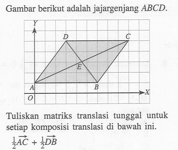 Gambar berikut adalah jajargenjang ABCD. Y D C E A B X 0 Tuliskan matriks translasi tunggal untuk setiap komposisi translasi di bawah ini. (1/2)vektor AC + (1/2)vektor DB