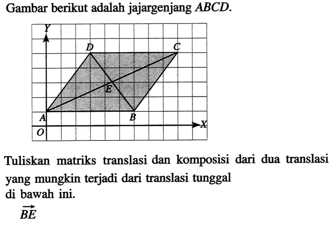 Gambar berikut adalah jajargenjang ABCD. Tuliskan matriks translasi dan komposisi dari dua translasi yang mungkin terjadi dari translasi tunggal di bawah ini. vektor BE