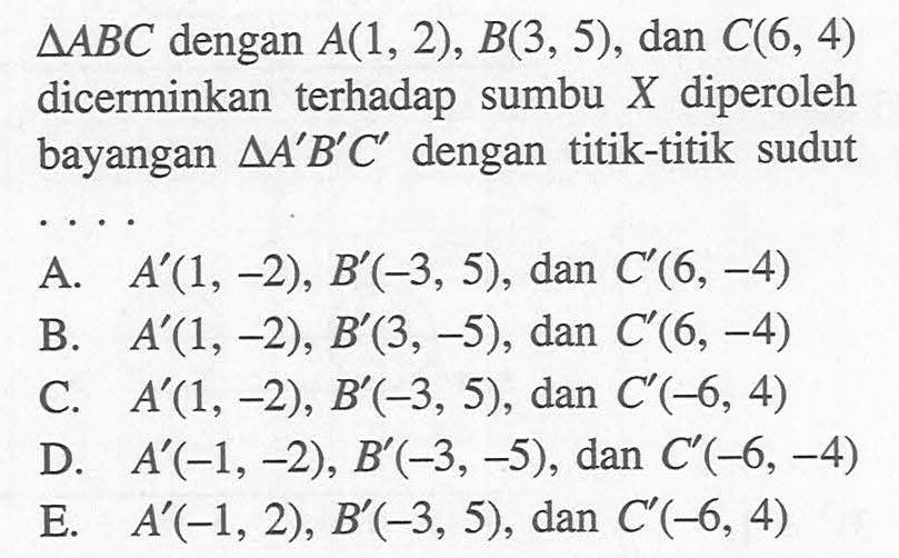 segitiga ABC dengan A(1, 2), B(3, 5), dan C(6, 4) dicerminkan terhadap sumbu X diperoleh bayangan segitiga A'B'C' dengan titik-titik sudut ...