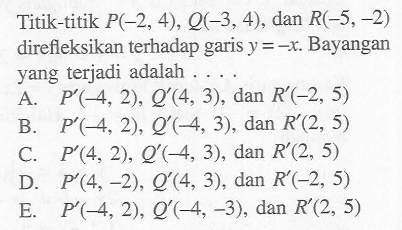 Titik-titik P(-2, 4), 0(-3, 4) , dan R(-5,-2) direfleksikan terhadap garis Bayangan y=-x yang terjadi adalah