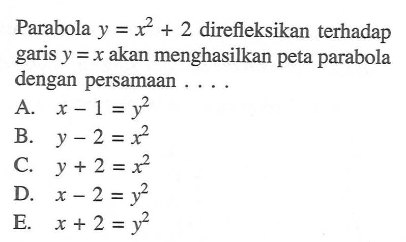 Parabola y=x^2+2 direfleksikan terhadap garis y=x akan menghasilkan peta parabola dengan persamaan ....