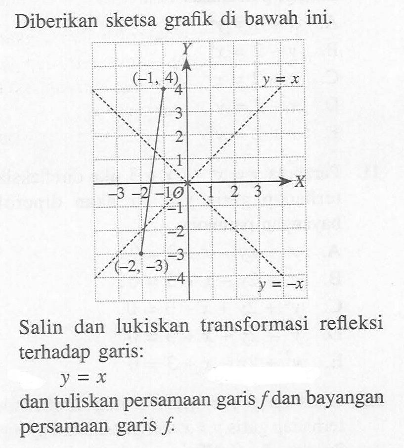 Diberikan sketsa grafik di bawah ini. Y (-1,4) y=x 4 3 2 1 X -3 -2 -1 O 1 2 3 -1 -2 -3 (-2,-3) -4 y=-x Salin dan lukiskan transformasi refleksi terhadap garis: y=x dan tuliskan persamaan garis f dan bayangan persamaan garis f.