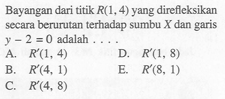 Bayangan dari titik R(1,4) yang direfleksikan secara berurutan terhadap sumbu X dan garis y-2=0 adalah ...