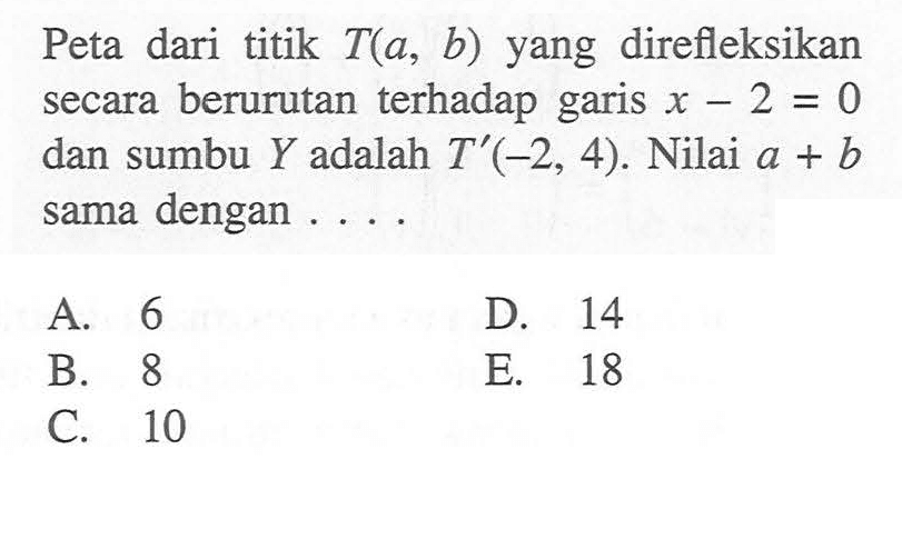 Peta dari titik T(a,b) yang direfleksikan secara berurutan terhadap garis x-2=0 dan sumbu Y adalah T'(-2,4). Nilai a+b sama dengan ....