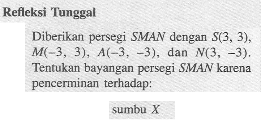 Refleksi Tunggal Diberikan persegi SMAN dengan S(3, 3), M(-3, 3), A(-3, -3), dan N(3, -3). Tentukan bayangan persegi SMAN karena pencerminan terhadap: sumbu X