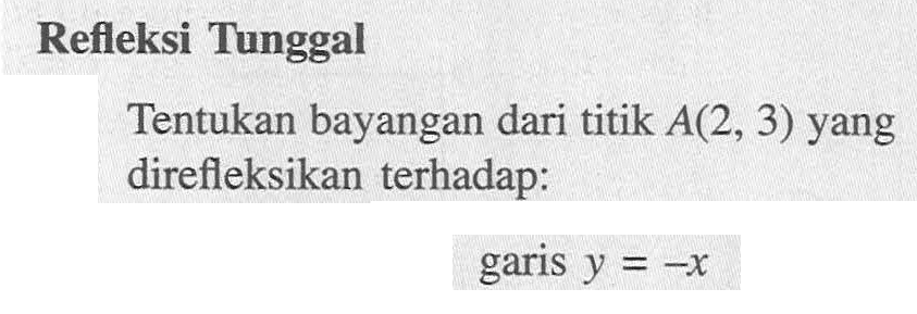 Refleksi Tunggal Tentukan bayangan dari titik A(2,3) yang direfleksikan terhadap: garis y=-x