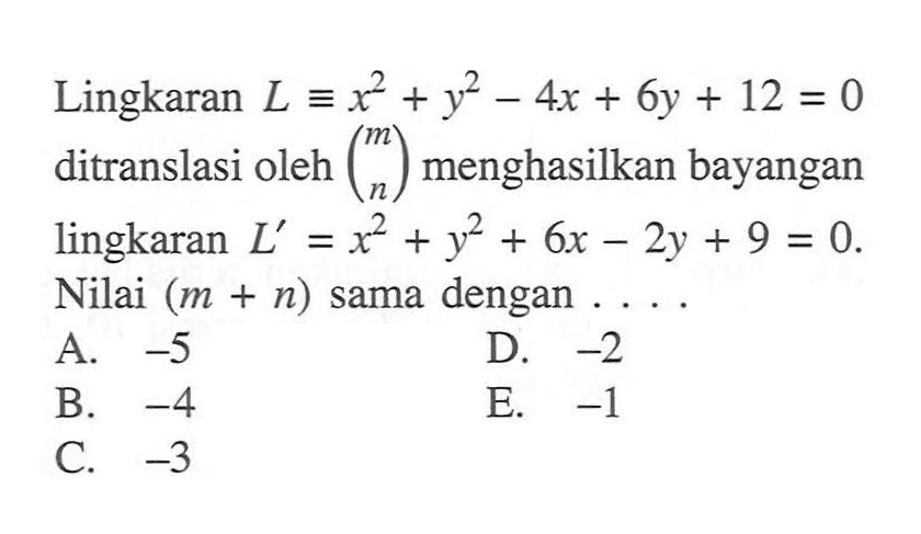 Lingkaran L=x^2+y^2-4x+6y+12=0 ditranslasi oleh (m n) menghasilkan bayangan lingkaran L'=x^2+y^2+6x-2y+9=0. Nilai (m+n) sama dengan ...