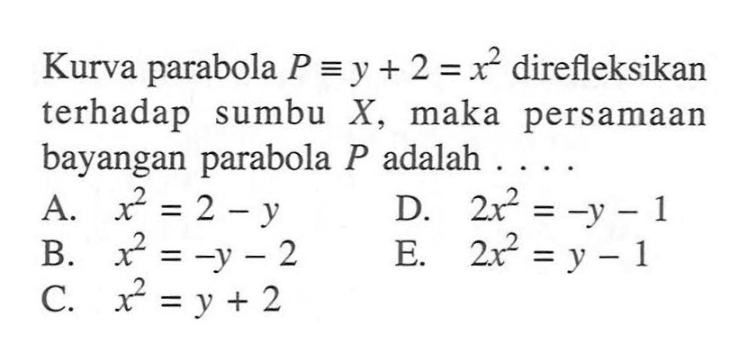 Kurva parabola P=y+2=x^2 direfleksikan terhadap sumbu X, maka persamaan bayangan parabola P adalah . . . .