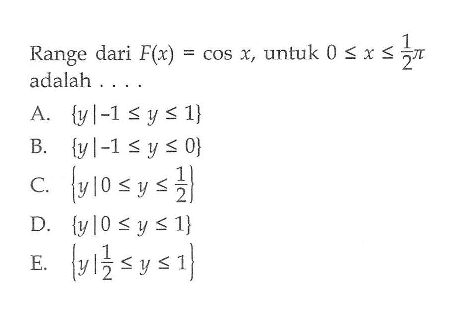 Range dari F(x)=cos x, untuk 0<=x<=pi/2 adalah 