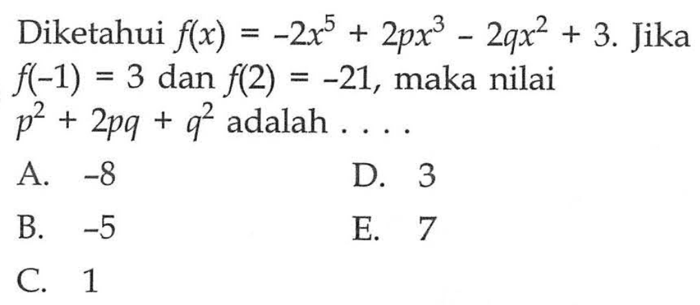 Diketahui f(x)=-2x^+2px^3-2qx^2+3. Jika f(-1)=3 dan f(2)=-21, maka nilai p^2+2pq+q^2 adalah....