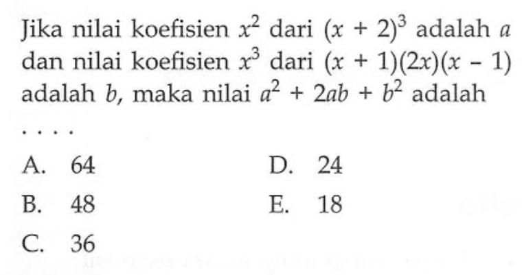 Jika nilai koefisien x^2 dari (x+2)^3 adalah a dan nilai koefisien x^3 dari (x+1)(2x)(x-1) adalah b, maka nilai a^2+2ab+b^2 adalah ...