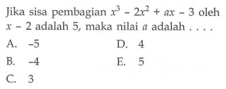 Jika sisa pembagian x^3-2x^2+ax-3 oleh x-2 adalah 5, maka nilai a adalah....