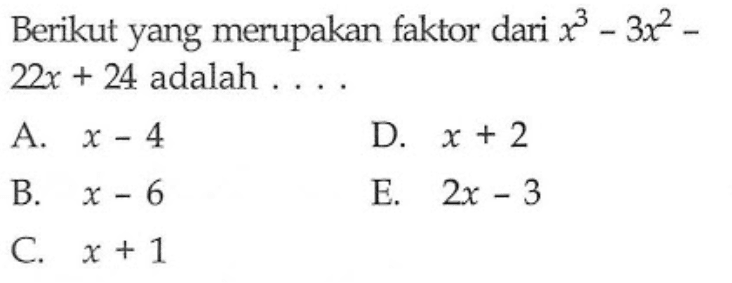 Berikut yang merupakan faktor dari x^3-3x^2-22x+24 adalah....