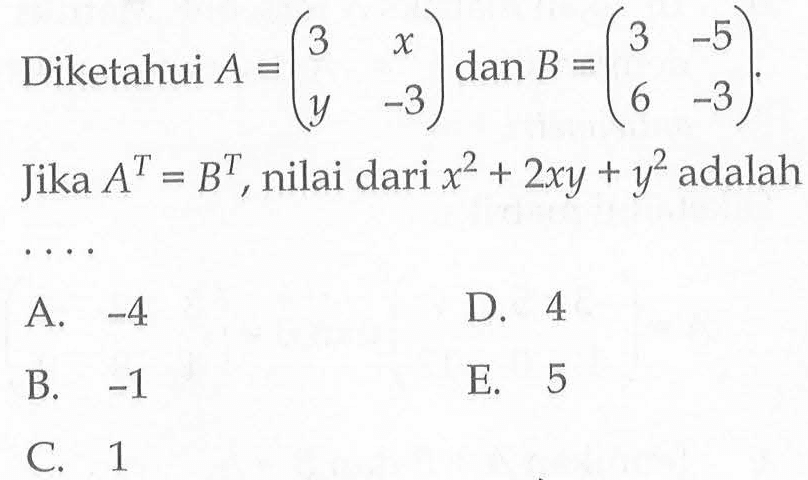 Diketahui A=(3 x y -3) dan B=(3 -5 6 -3), Jika A^T=B^T, nilai dari x^2+2xy+y^2 adalah . . . .