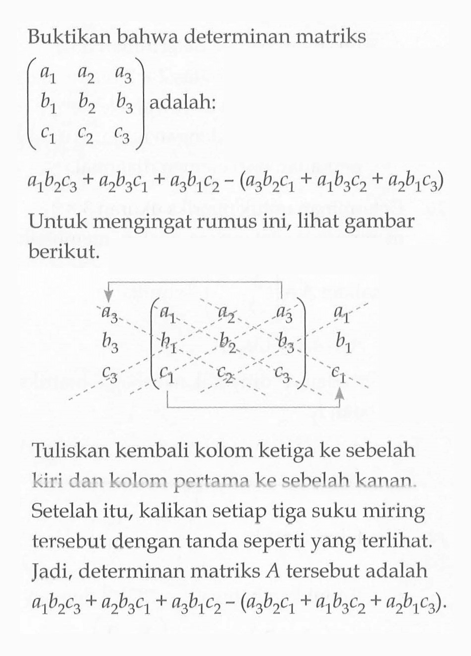 Buktikan bahwa determinan matriks 
(a1 a2 a3 b1 b2 b3 c1 c2 c3) adalah: 
a1 b2 c3 + a2 b3 c1 + a3 b1 c2 - (a3 b2 c1 + a1 b3 c2 + a2 b1 c3) 
Untuk mengingat rumus ini, lihat gambar berikut. 
a3 b3 c3 (a1 a2 a3 b1 b2 b3 c1 c2 c3) a1 b1 c1 
Tuliskan kembali kolom ketiga ke sebelah kiri dan kolom pertama ke sebelah kanan. Setelah itu, kalikan setiap tiga suku miring tersebut dengan tanda seperti yang terlihat. Jadi, determinan matriks A tersebut adalah a1 b2 c3 + a2 b3 c1 + a3 b1 c2 - (a3 b2 c1 + a1 b3 c2 + a2 b1 c3).