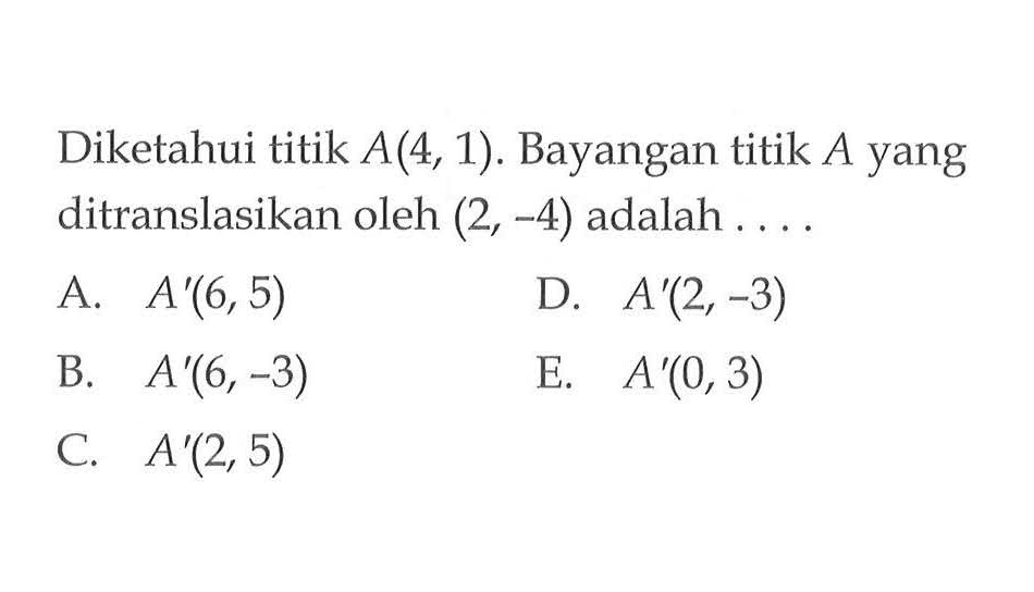 Diketahui titik A(4, 1). Bayangan titik A yang ditranslasikan oleh (2, -4) adalah . . . .