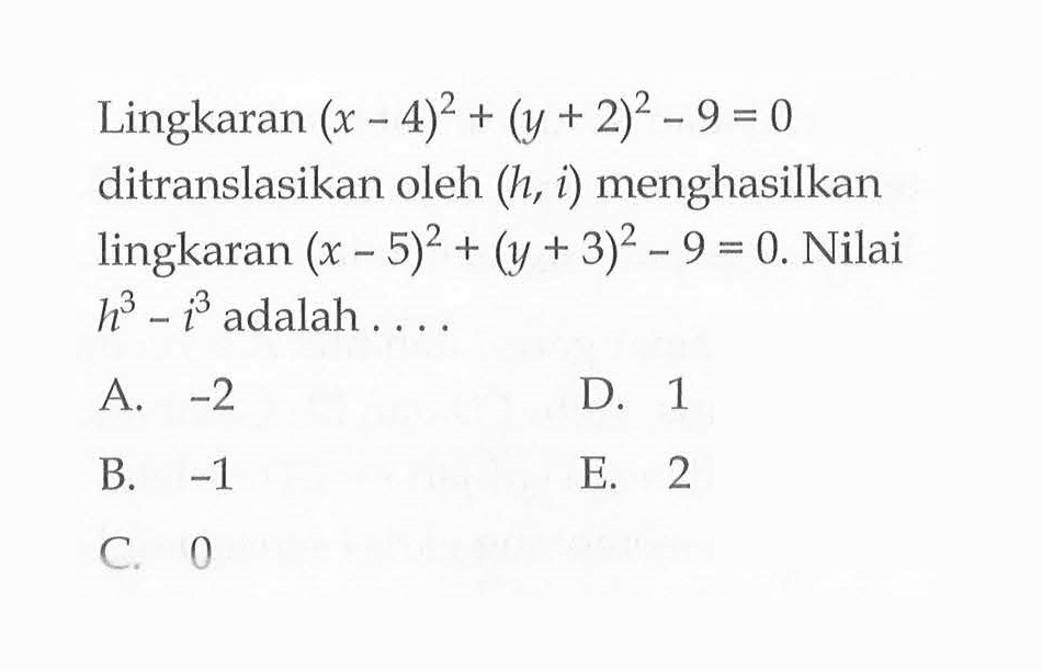 Lingkaran (x-4)^2+(y+2)^2-9 = 0 menghasilkan ditranslasikan oleh (h, i) lingkaran (x-5)^2+(y+3)^2-9 = 0. Nilai h^3 i^3 adalah