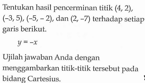 Tentukan hasil pencerminan titik (4,2),(-3,5),(-5,-2), dan (2,-7) terhadap setiap garis berikut. y=-x Ujilah jawaban Anda dengan menggambarkan titik-titik tersebut pada bidang Cartesius.