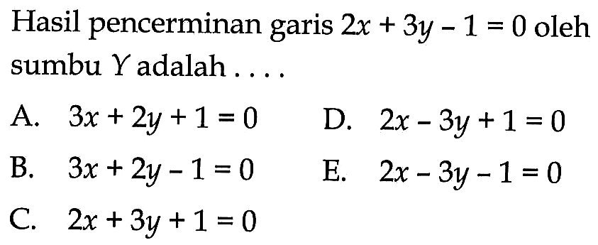 Hasil pencerminan garis 2x+3y-1=0 oleh sumbu Y adalah ...