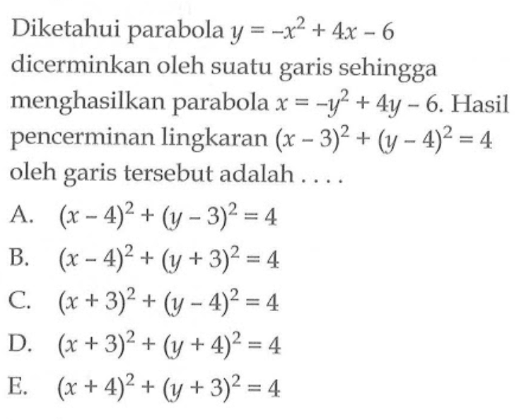 Diketahui parabola y=-x^2+4x-6 dicerminkan oleh suatu garis sehingga menghasilkan parabola x=-y^2+4y-6. Hasil pencerminan lingkaran (x-3)^2+(y-4)^2=4 oleh garis tersebut adalah ....