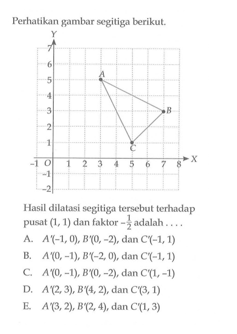 Perhatikan gambar segitiga berikut. Y 7 6 5 4 3 2 1 -1 O 1 2 3 4 5 6 7 8 X -1 -2 Hasil dilatasi segitiga tersebut terhadap pusat (1, 1) dan faktor -1/2 adalah ...