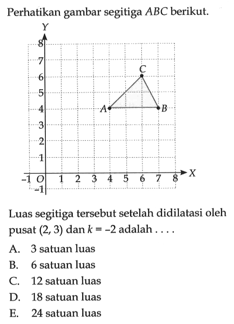 Perhatikan gambar segitiga ABC berikut. Luas segitiga tersebut setelah didilatasi oleh pusat (2,3) dan k=-2 adalah...