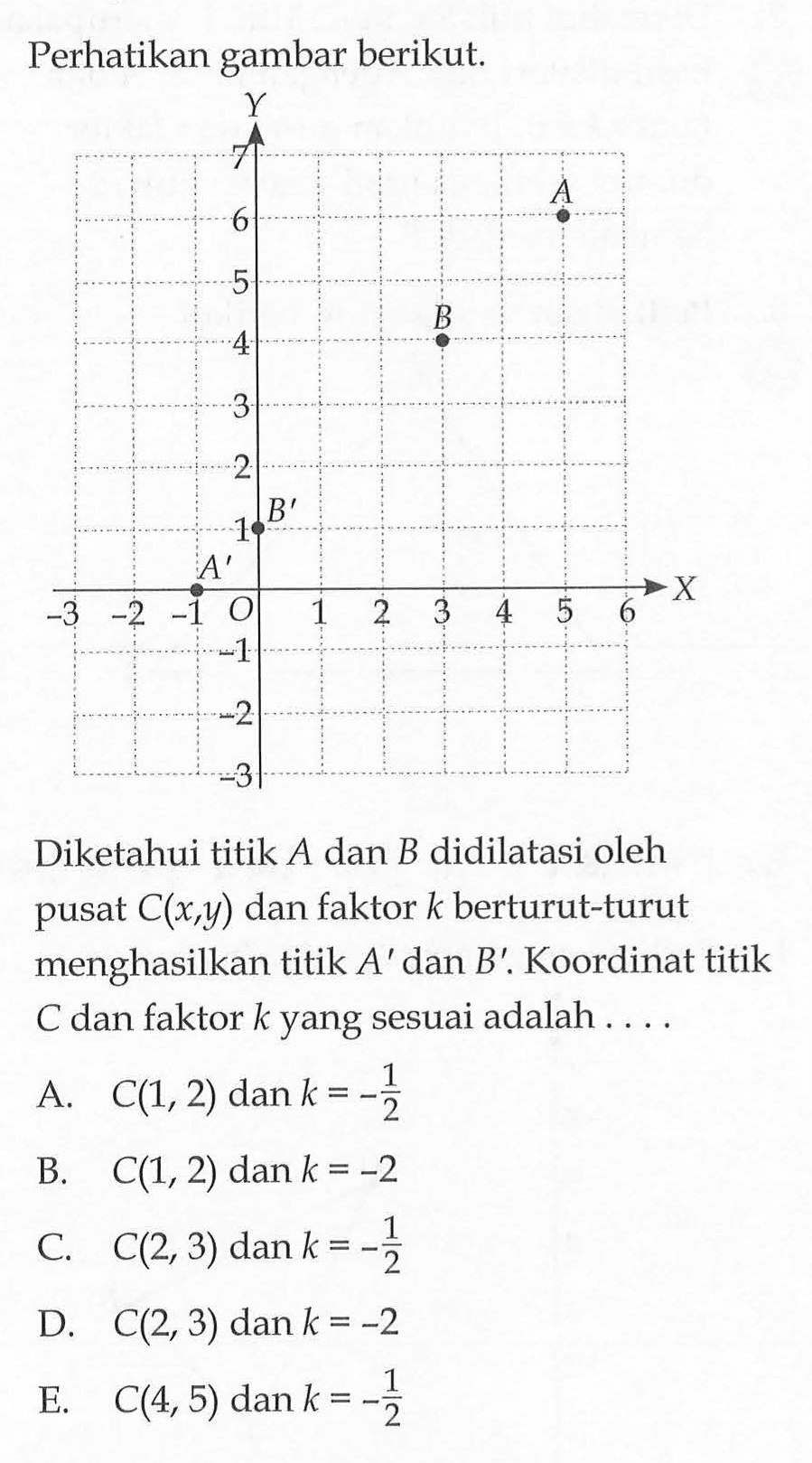 Perhatikan gambar berikut. Diketahui titik A dan B didilatasi oleh pusat C(x,y) dan faktor k berturut-turut menghasilkan titik A' dan B'. Koordinat titik C dan faktor k yang sesuai adalah ...