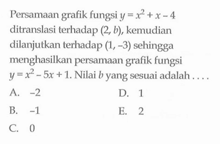 Persamaan grafik fungsi y=12+x-4 ditranslasi terhadap (2, b), kemudian dilanjutkan terhadap (1,-3) sehingga menghasilkan persamaan grafik fungsi y=x^2-5x+1. Nilai b yang sesuai adalah ....