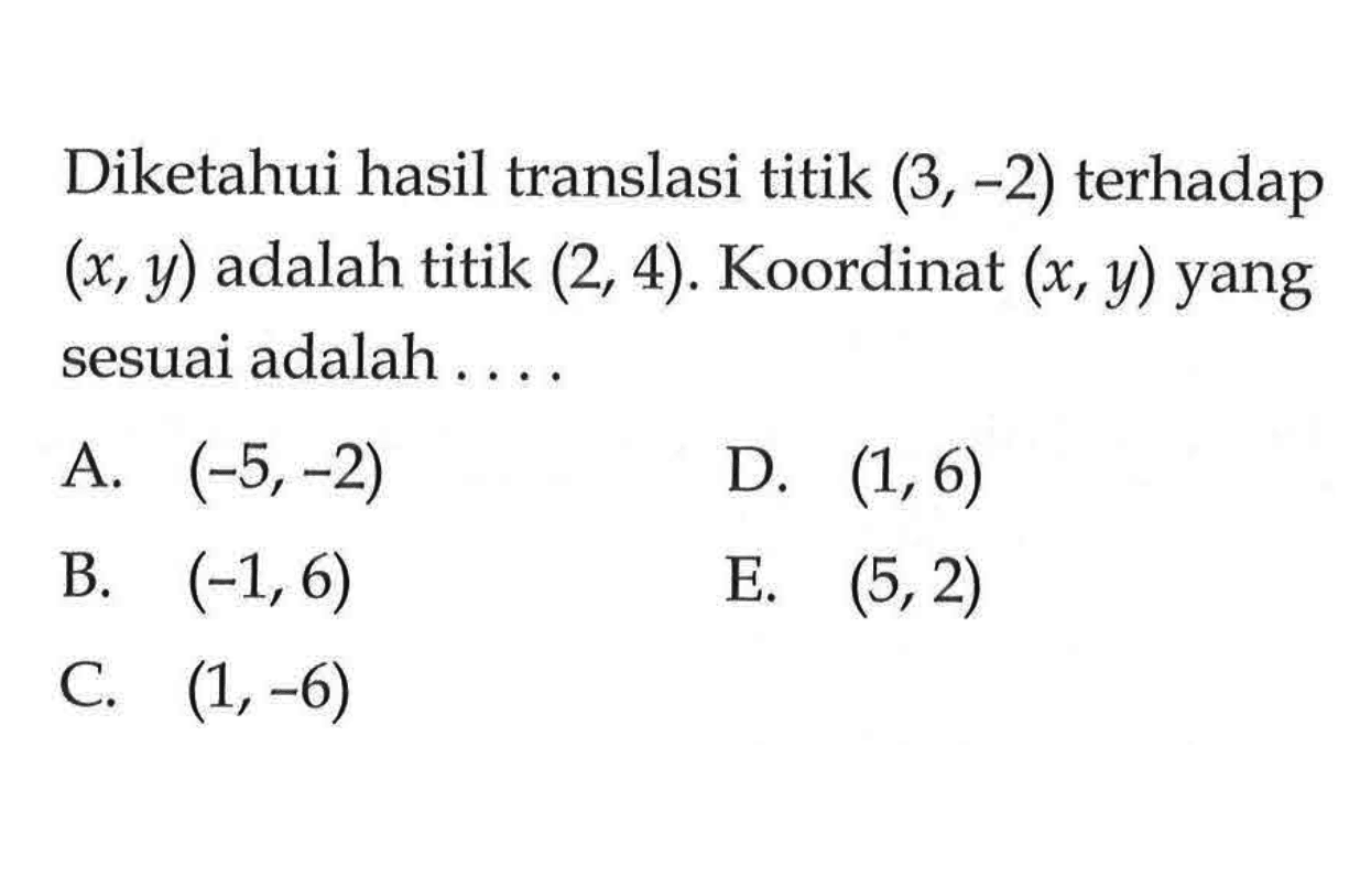 Diketahui hasil translasi titik (3, -2) terhadap (x, y) adalah titik (2, 4). Koordinat (x, y) yang sesuai adalah . . . .