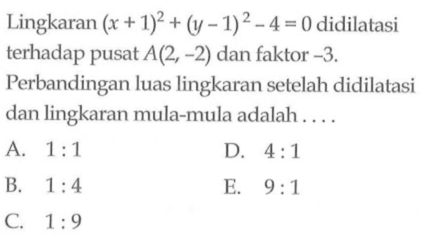 Lingkaran (x+1)^2+(y-1)^2-4=0 didilatasi terhadap pusat A(2,-2) dan faktor -3.Perbandingan luas lingkaran setelah didilatasi dan lingkaran mula-mula adalah .... 