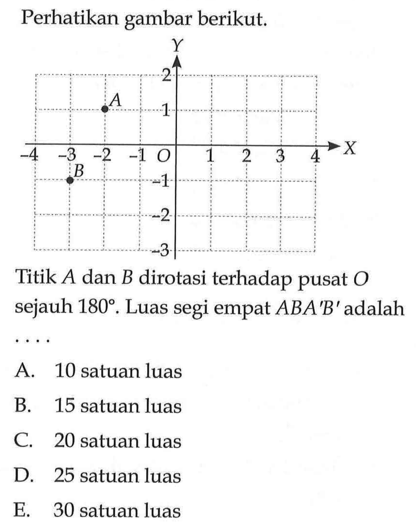 Perhatikan gambar berikut. Titik A dan B dirotasikan terhadap pusat O sejauh 180. Luas segi empat ABA'B' adalah ....