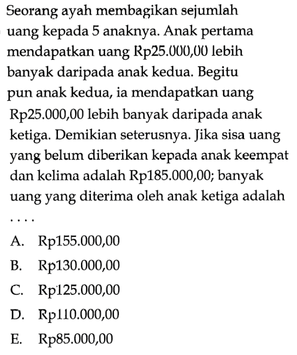 Seorang ayah membagikan sejumlah uang kepada 5 anaknya. Anak pertama mendapatkan uang Rp25.000,00 lebih banyak daripada anak kedua. Begitu pun anak kedua, ia mendapatkan uang Rp25.000,00 lebih banyak daripada anak ketiga. Demikian seterusnya. Jika sisa uang yang belum diberikan kepada anak keempat dan kelima adalah Rp185.000,00; banyak uang yang diterima oleh anak ketiga adalah