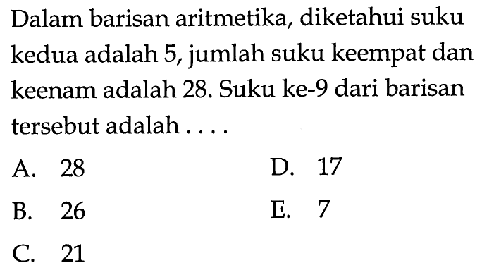 Dalam barisan aritmetika, diketahui suku kedua adalah 5, jumlah suku keempat dan keenam adalah 28. Suku ke- 9 dari barisan tersebut adalah...