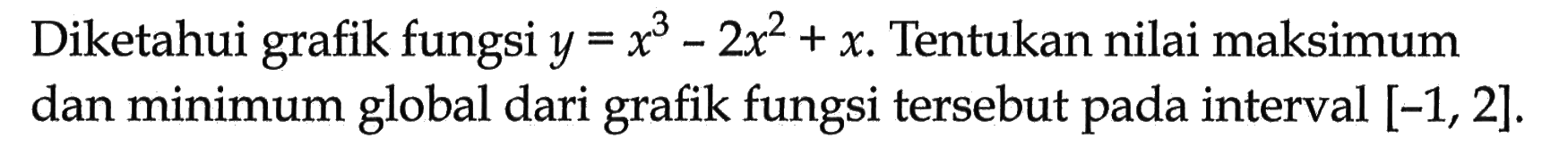 Diketahui grafik fungsi y=x^3-2 x^2+x. Tentukan nilai maksimum dan minimum global dari grafik fungsi tersebut pada interval  [-1,2].