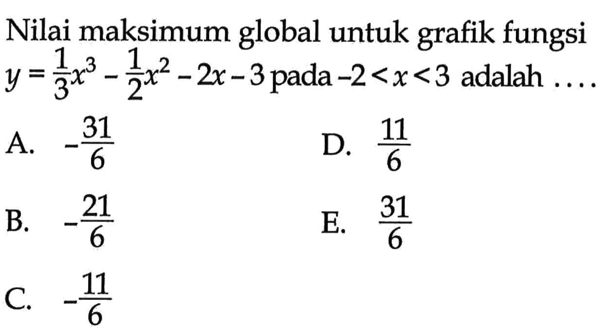 Nilai maksimum global untuk grafik fungsi  y=1/3 x^3-1/2 x^2-2x-3  pada  -2<x<3  adalah ....