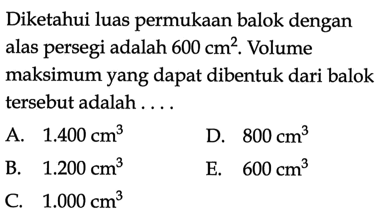 Diketahui luas permukaan balok dengan alas persegi adalah  600 cm^2 . Volume maksimum yang dapat dibentuk dari balok tersebut adalah ....