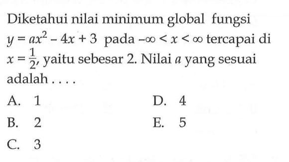 Diketahui nilai minimum global fungsi y=ax^2-4x+3 pada -tak hingga<x<tak hingga tercapai di x=1/2 , yaitu sebesar 2. Nilai a yang sesuai adalah .... 