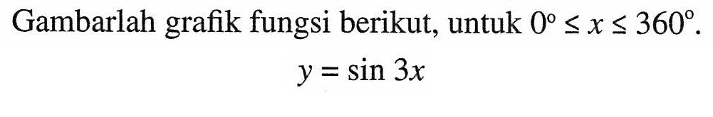 Gambarlah grafik fungsi berikut; untuk 0<=x<=360. y = sin 3x