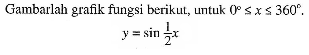 Gambarlah grafik fungsi berikut, untuk 0<=x<=360.y=sin 1/2 x