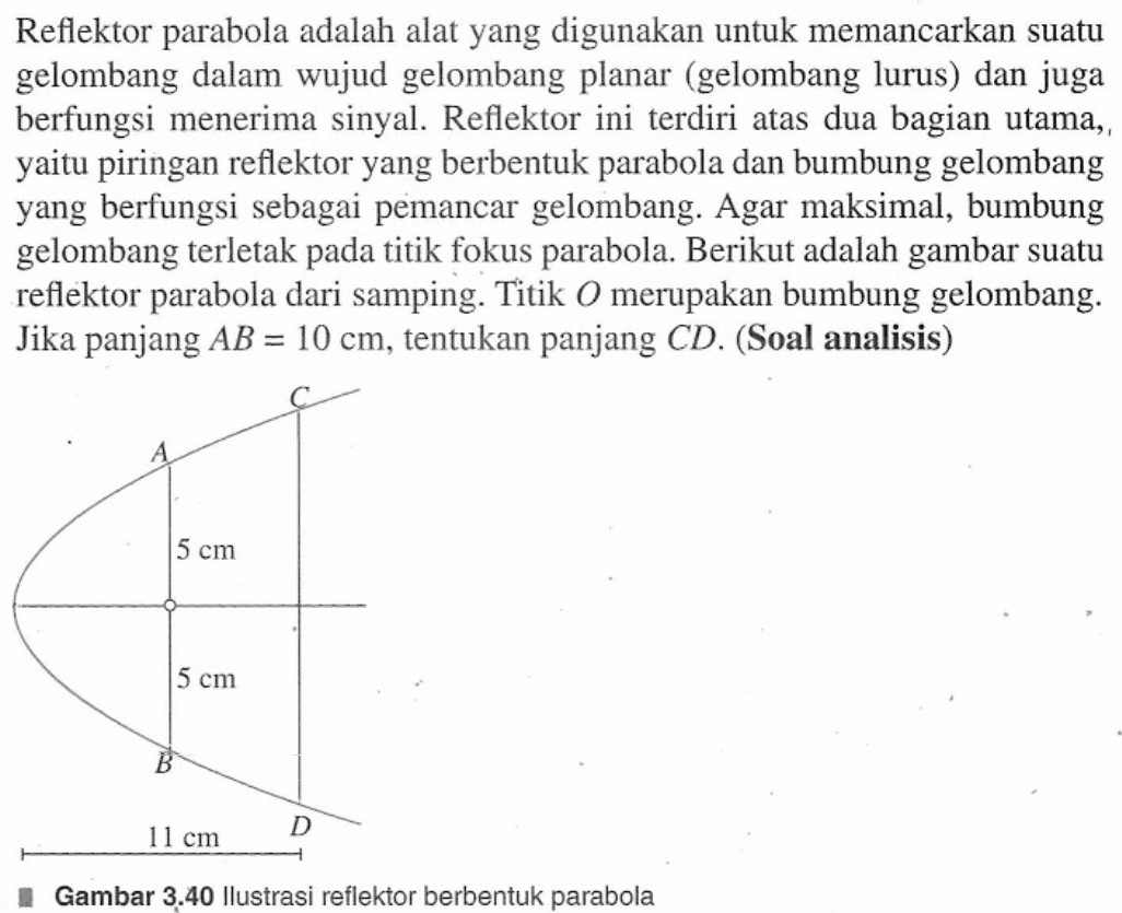 Reflektor parabola adalah alat yang digunakan untuk memancarkan suatu gelombang dalam wujud gelombang planar (gelombang lurus) dan juga berfungsi menerima sinyal. Reflektor ini terdiri atas dua bagian utama, piringan reflektor yang berbentuk parabola dan bumbung gelombang yaitu yang berfungsi sebagai pemancar gelombang. Agar maksimal, bumbung gelombang terletak titik fokus parabola. Berikut adalah gambar suatu pada reflektor parabola dari samping. Titik O merupakan bumbung gelombang. Jika panjang AB = 10 cm, tentukan panjang CD. (Soal analisis) 5 cm 5 cm 11 cm Gambar 3.40 Ilustrasi reflektor berbentuk parabola.