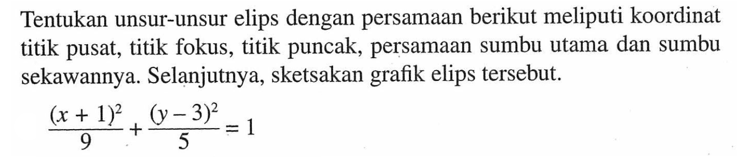 Tentukan unsur-unsur elips dengan persamaan berikut meliputi koordinat titik pusat, titik fokus, titik puncak, persamaan sumbu utama dan sumbu sekawannya. Selanjutnya, sketsakan grafik elips tersebut. ((x+1)^2)/9+((y-3)^2)/5=1