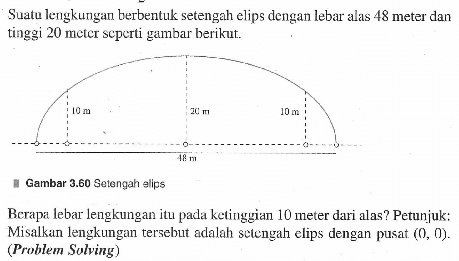 Suatu lengkungan berbentuk setengah elips dengan lebar alas 48 meter dan tinggi 20 meter seperti gambar berikut. Berapa lebar lengkungan itu pada ketinggian 10 meter dari alas? Petunjuk: Misalkan lengkungan tersebut adalah setengah elips dengan pusat (0, 0). (Problem Solving)