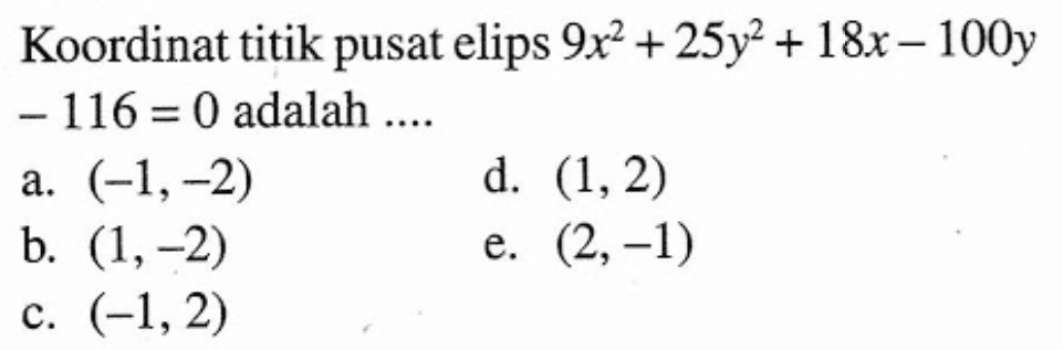 Koordinat titik pusat elips 9x^2+25y^2+18x-100y-116=0 adalah ....