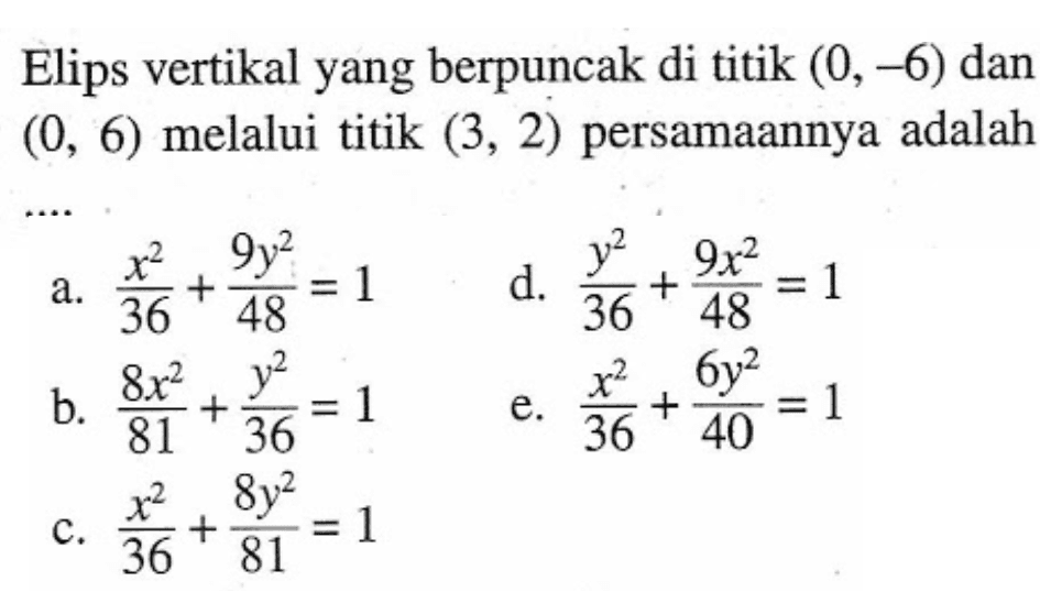 Elips vertikal yang berpuncak di titik  (0,-6)  dan  (0,6)  melalui titik  (3,2)  persamaannya adalah ....