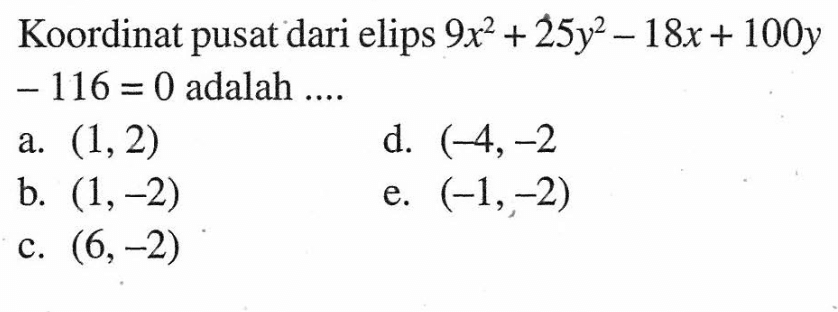 Koordinat pusat dari elips 9x^2+25y^2-18x+100y-116 = 0 adalah