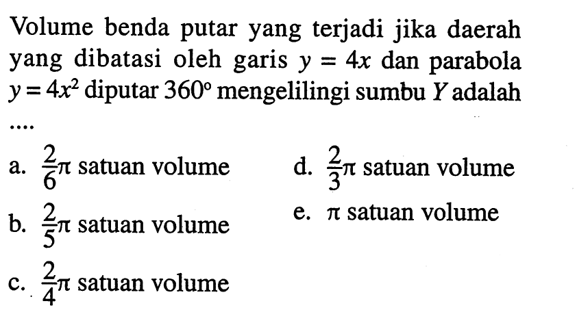 Volume benda putar yang terjadi jika daerah yang dibatasi oleh garis y=4x dan parabola y=4x^2 diputar 360 mengelilingi sumbu Y adalah ....