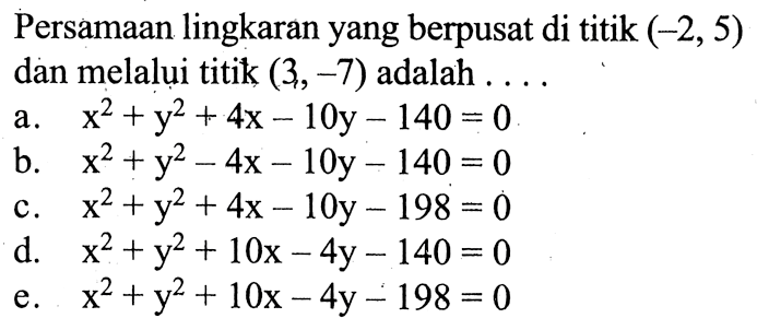 Persamaan lingkaran yang berpusat di titik (-2,5) dan melalui titik (3,-7) adalah ...